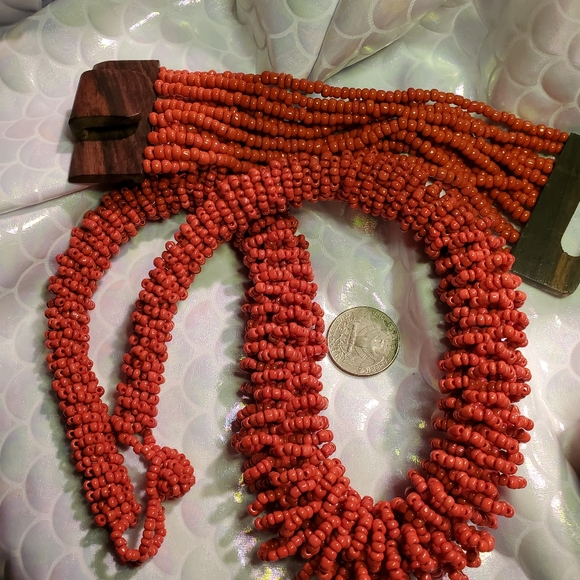 Red Orange Seed Beads Statement Necklace and Bracelet Cuff Set Modern - Picture 9 of 9